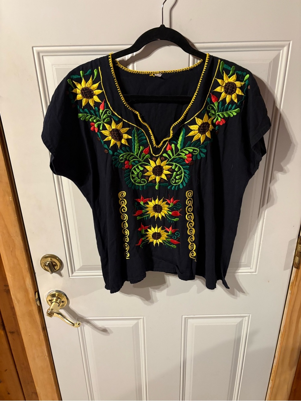 Black Embroidered Sunflower V-Neck Women’s Blouse